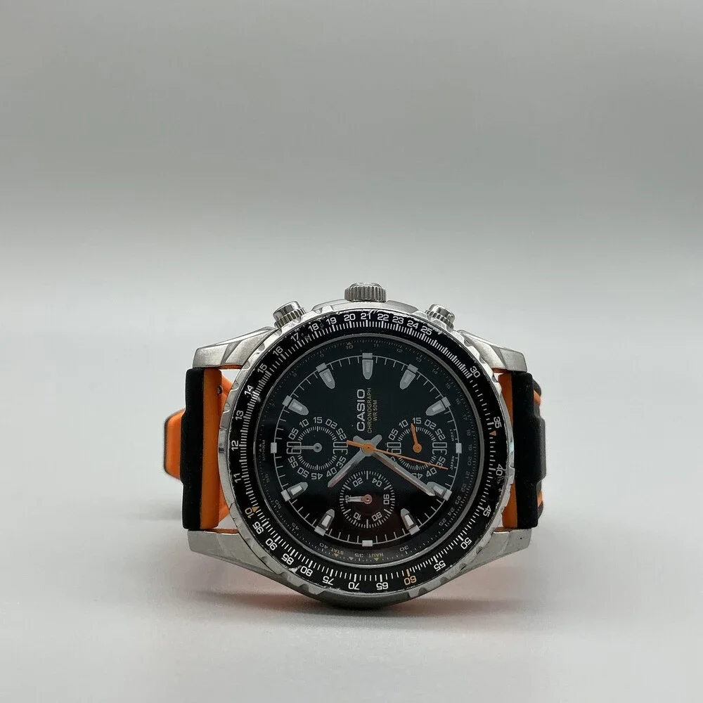 Casio MTP-4500 Mens Watch 41mm Black Dial Chronograph Black Orange Silicone